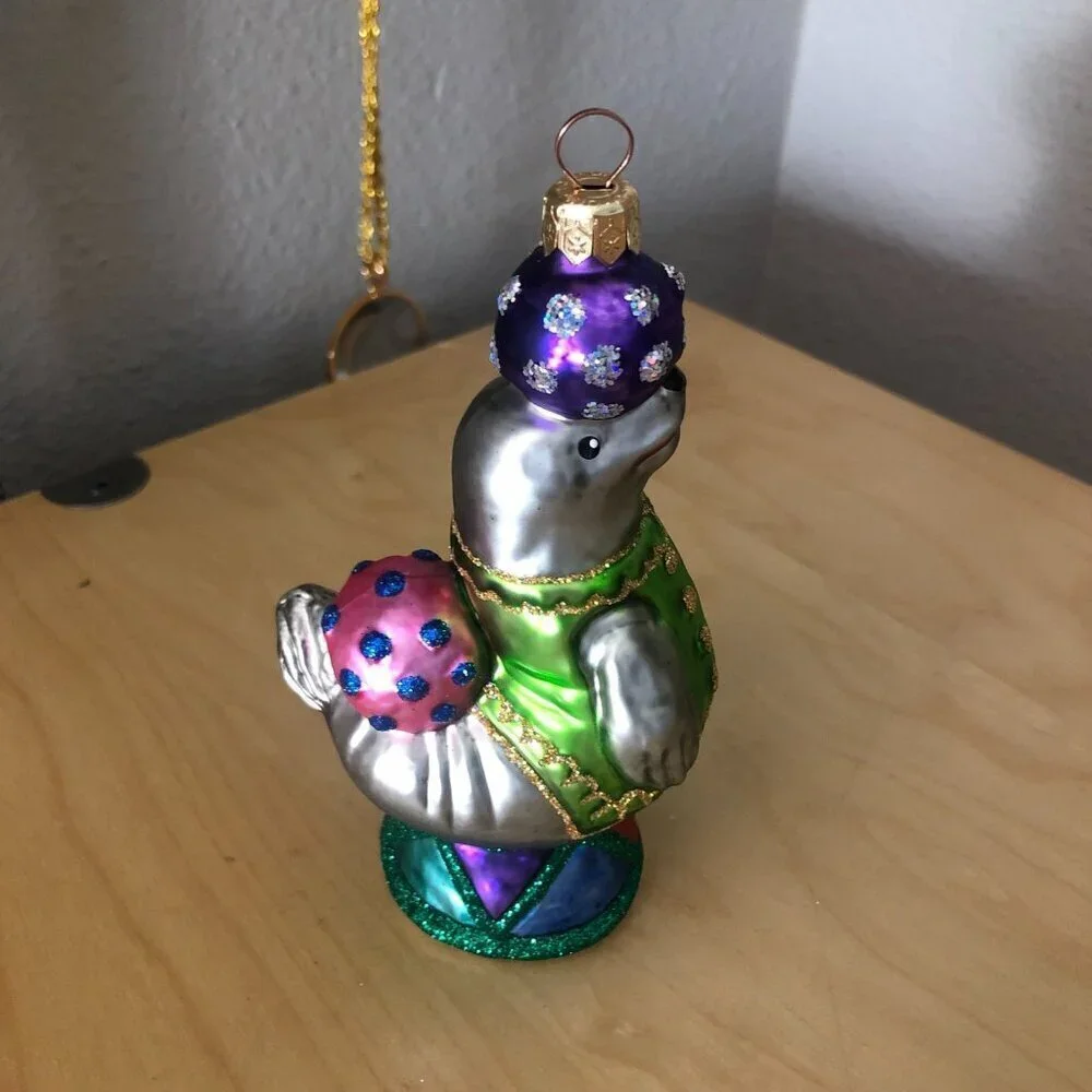Vintage Circus Seal Hand Blown Glass Christmas Ornament Drum with Ball Poland 6